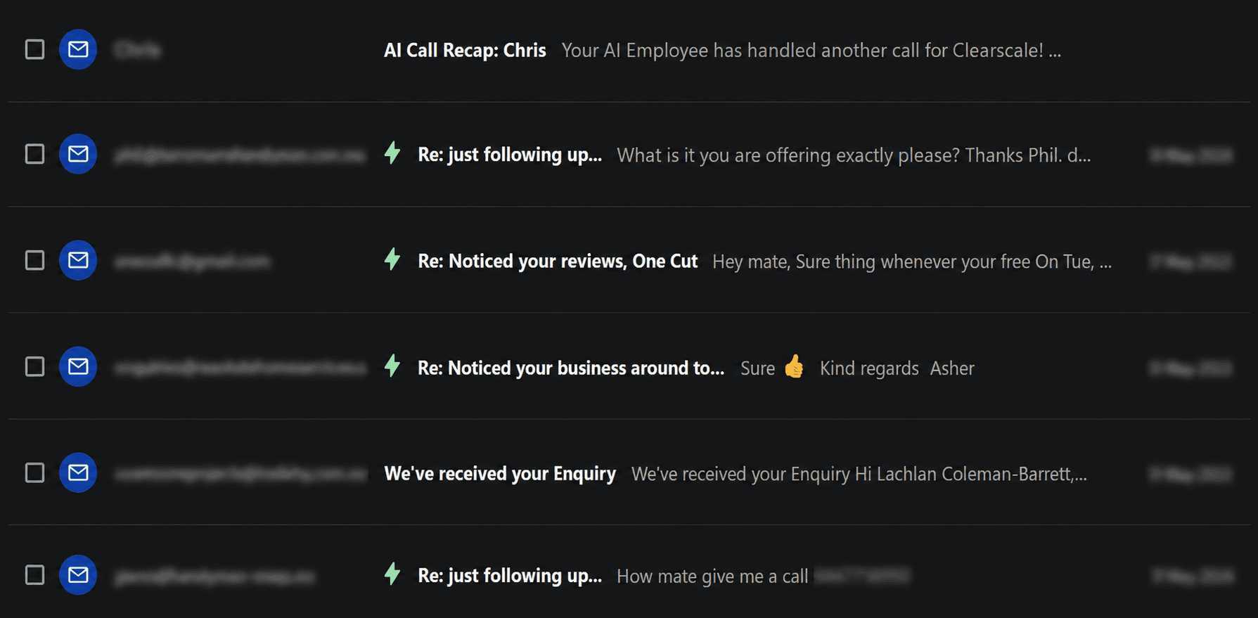 Replies from a recent cold outreach campaign, with contact details redacted
