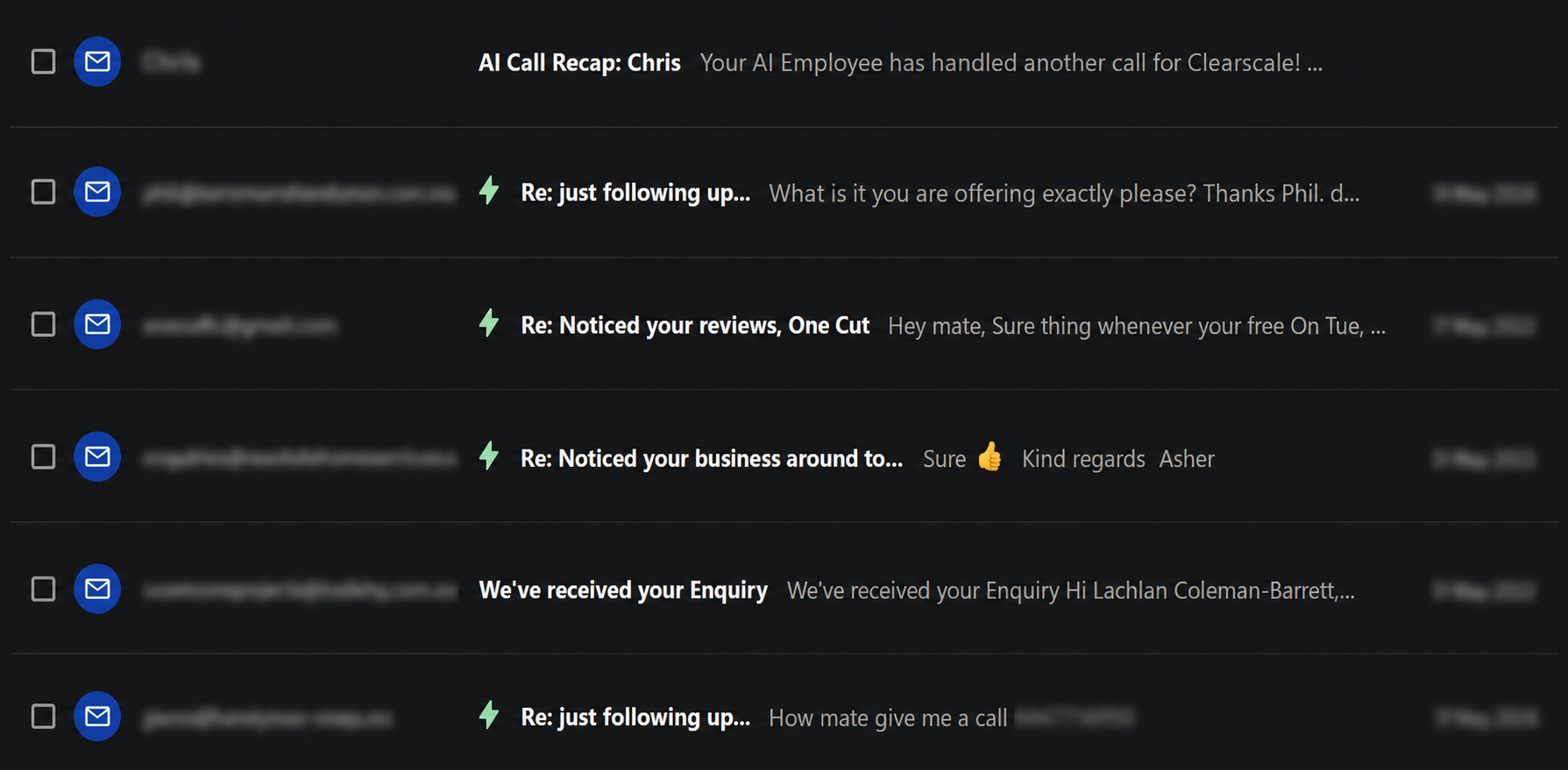 Replies from a recent cold outreach campaign, with contact details redacted